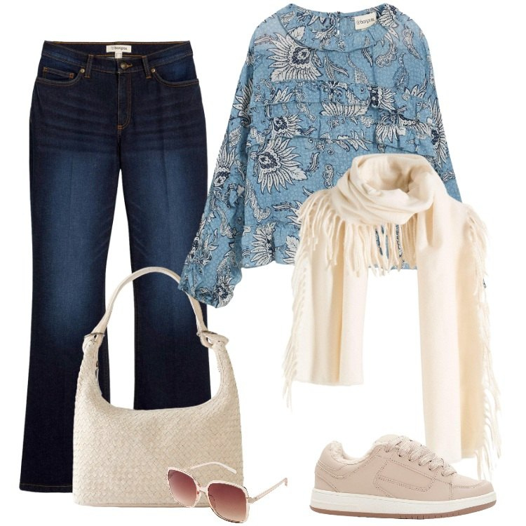 Outfit donna - Total look #2274234. Stile Boho per Tutti i giorni. Abbinamento con bluse, jeans bootcut, occhiali da sole, shopping bag, sciarpe, sneakers.