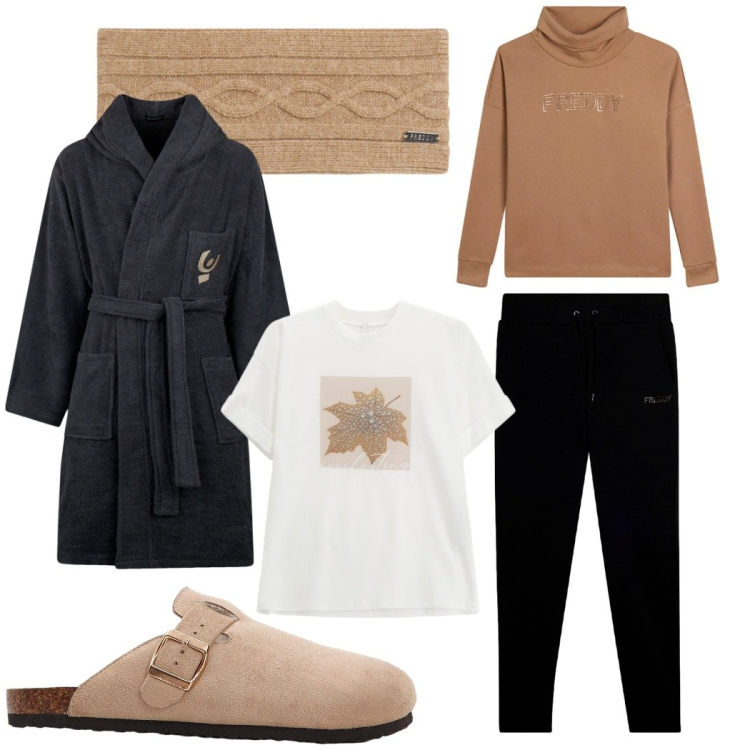 Outfit donna - Domenica di relax. Stile Casual per Tutti i giorni. Abbinamento con pantofole, t-shirt, accessori per capelli, tute, accappatoi.