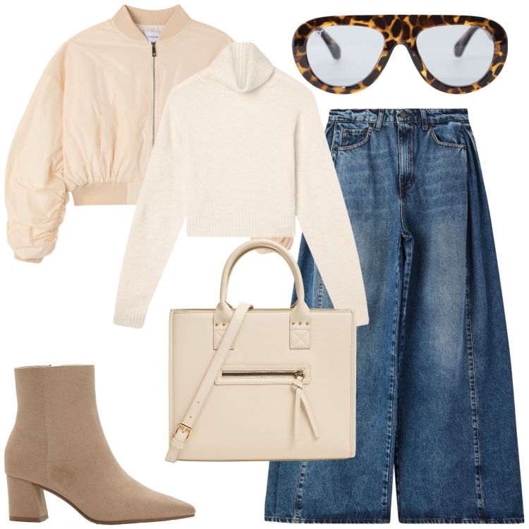 Outfit donna - Felice e spensierata. Stile Urban per Tutti i giorni. Abbinamento con stivaletti, shopping bag, maglieria, bomber, jeans, occhiali da sole.