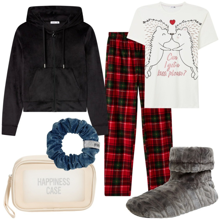 Outfit donna - Domenica a casa. Stile Casual per Tutti i giorni. Abbinamento con pigiama, pigiama, valigie, pantofole, felpe con cappuccio, accessori per capelli.