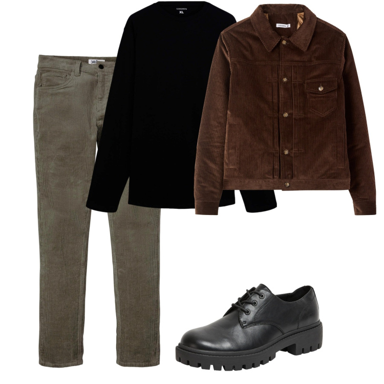 Outfit uomo - Autunno. Stile Casual per Tutti i giorni. Abbinamento con pantaloni, scarpe stringate, t-shirt, cappotti.