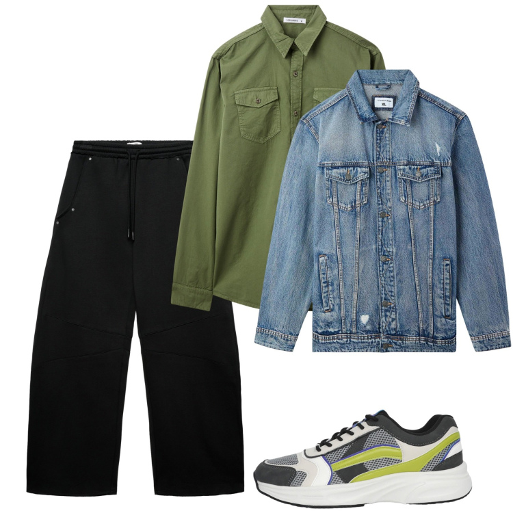 Outfit uomo - Verde kiwi e denim. Stile Casual per Tutti i giorni. Abbinamento con giacche, camicie, sneakers, pantaloni.
