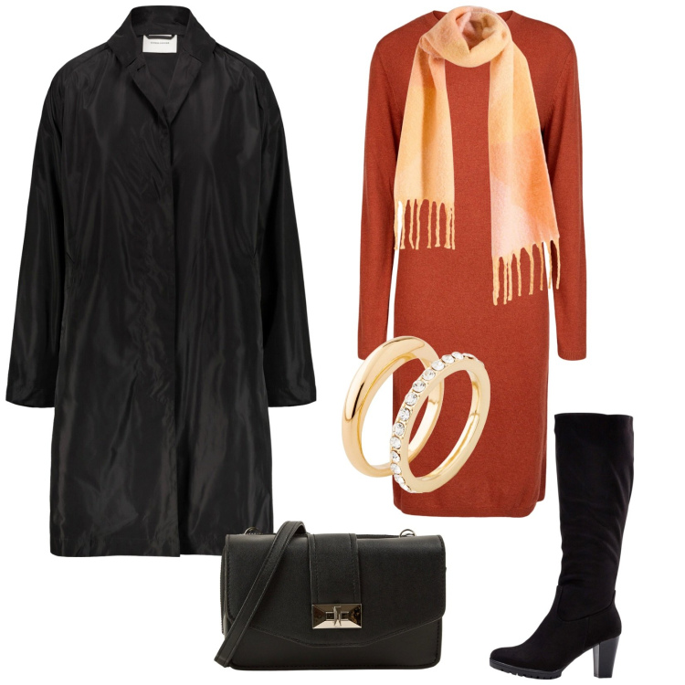 Outfit donna - Start ore 10. Stile Bon Ton per Ufficio. Abbinamento con stivali, anelli, sciarpe, borse a tracolla, trench, vestiti midi/longuette.