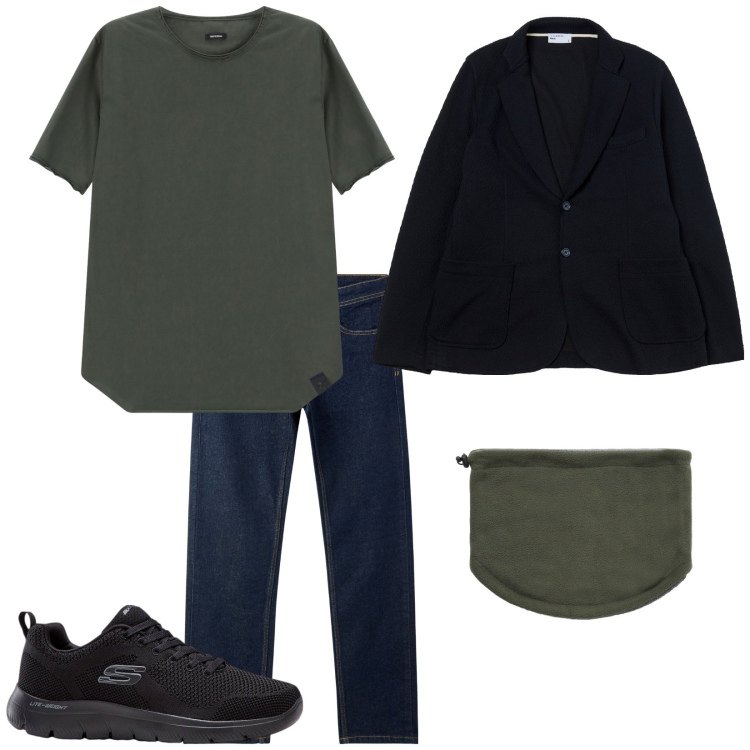 Outfit uomo - Total look #2274247. Stile Trendy per Tutti i giorni. Abbinamento con sneakers, giacche, jeans, scaldacollo, t-shirt.