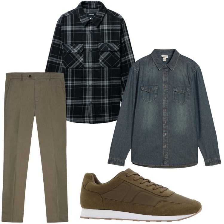 Outfit uomo - Look autunnale. Stile Trendy per Tutti i giorni. Abbinamento con camicie, sneakers, cappotti, pantaloni chino.