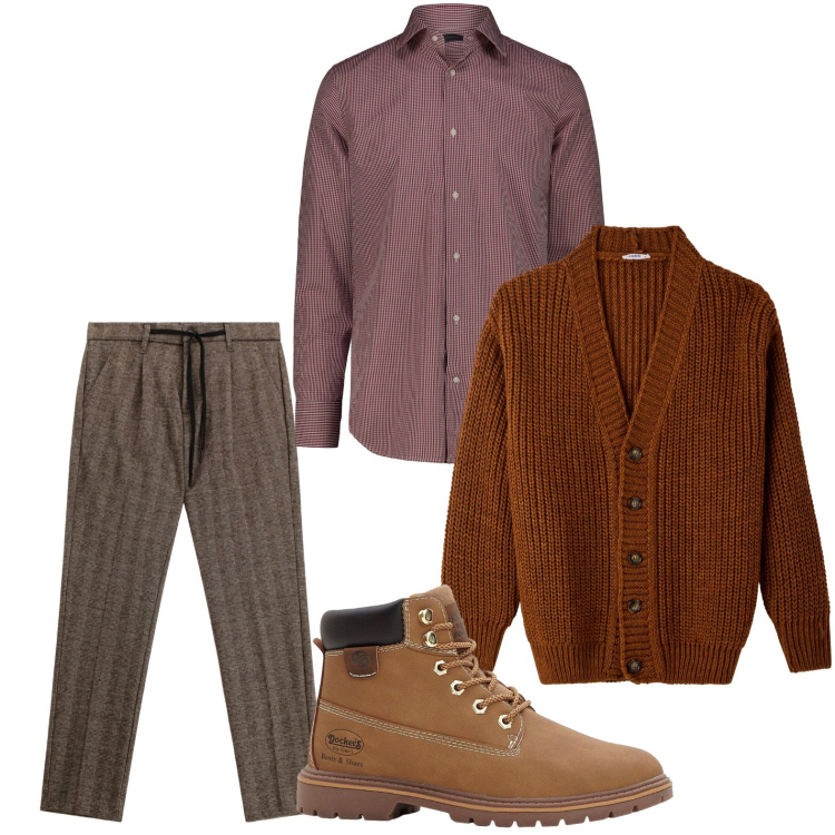Outfit uomo - Contaminazione marrone. Stile Casual per Tutti i giorni. Abbinamento con stivali e stivaletti, cardigans, pantaloni, camicie.