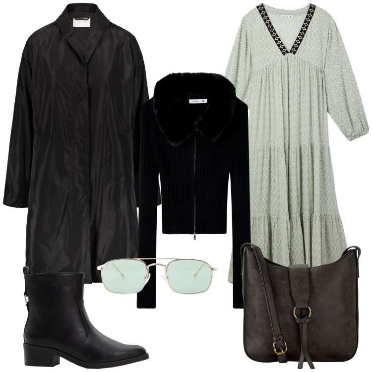 Outfit donna - Total look #2274251. Stile Casual per Tutti i giorni. Abbinamento con borse a tracolla, stivaletti, cardigans, vestiti lunghi, occhiali da sole, trench.