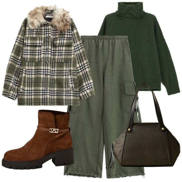 Outfit donna - Cargo in città. Stile Military per Tutti i giorni. Abbinamento con stivaletti, cappotti, maglieria, pantaloni a palazzo, shopping bag.