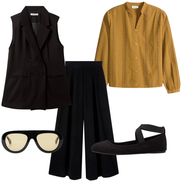 Outfit donna - Total look #2274255. Stile Etnico per Tutti i giorni. Abbinamento con ballerine, bluse, gilet, pantaloni, occhiali da sole.