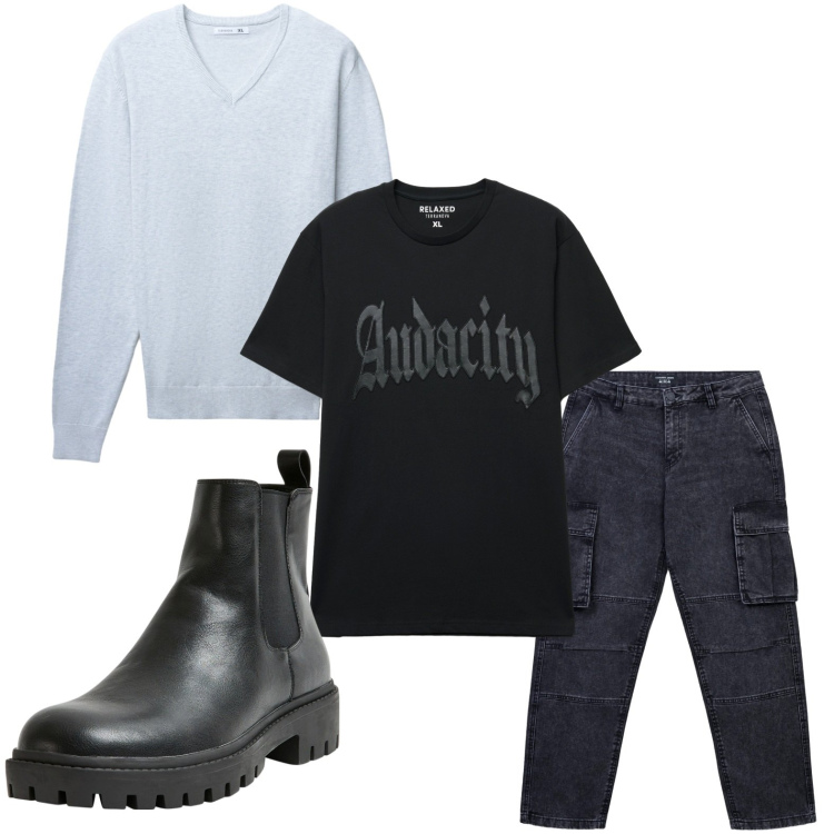 Outfit uomo - Cargo con pull. Stile Casual per Tutti i giorni. Abbinamento con stivali e stivaletti, jeans, maglieria, t-shirt.