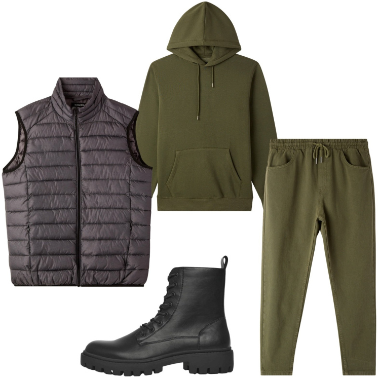 Outfit uomo - Il verde grintoso. Stile Trendy per Tutti i giorni. Abbinamento con pantaloni, anfibi, felpe con cappuccio, piumini.