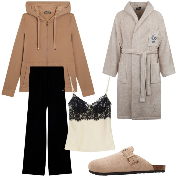 Outfit donna - Domenica pigra. Stile Casual chic per Tutti i giorni. Abbinamento con pantofole, canottiere, felpe con cappuccio, pantaloni, accappatoi.