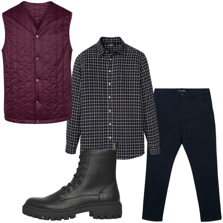 Outfit uomo - Stile minimal. Stile Casual per Tutti i giorni. Abbinamento con camicie, anfibi, pantaloni chino, piumini.