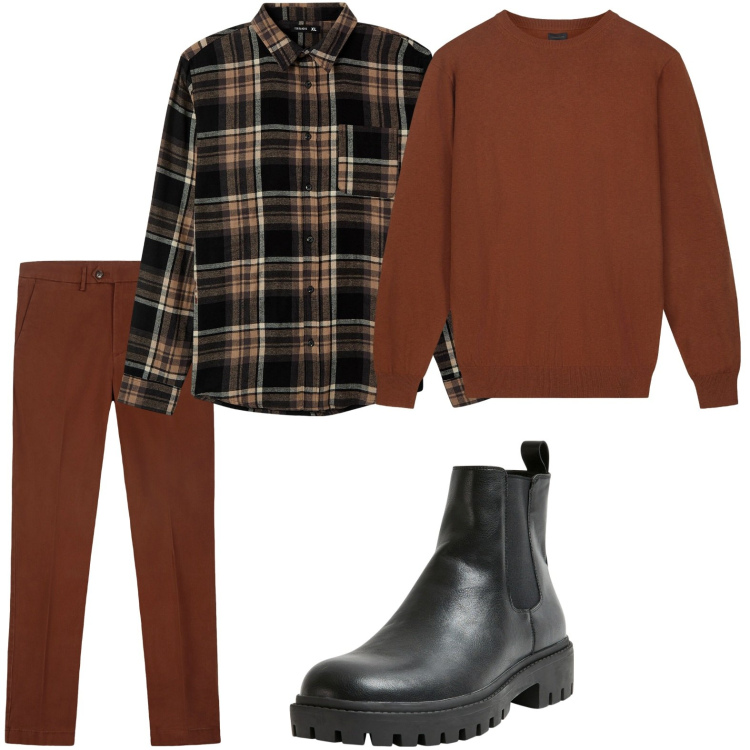 Outfit uomo - Un tocco di ruggine. Stile Trendy per Tutti i giorni. Abbinamento con stivali e stivaletti, camicie, pantaloni chino, maglieria.