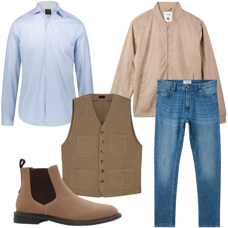 Outfit uomo - Minimal con il gilet. Stile Casual per Tutti i giorni. Abbinamento con stivali e stivaletti, jeans skinny, bomber, camicie, gilet.