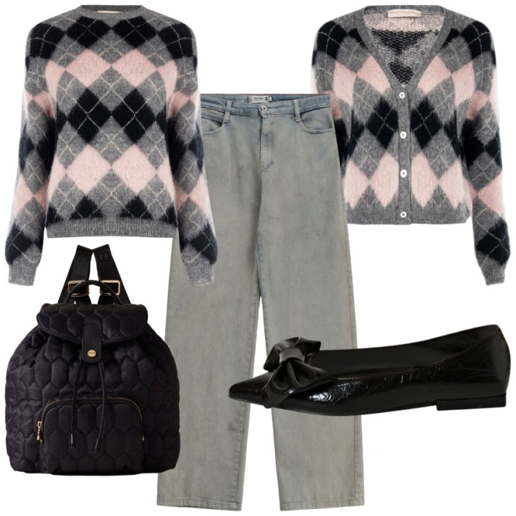 Outfit donna - Rombi gemelli. Stile Chic per Tutti i giorni. Abbinamento con maglieria, cardigans, ballerine, pantaloni a palazzo, zaini.