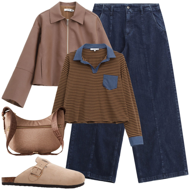 Outfit donna - Un look disinvolto. Stile Trendy per Tutti i giorni. Abbinamento con pantofole, t-shirt, blazer, jeans, borse a spalla.