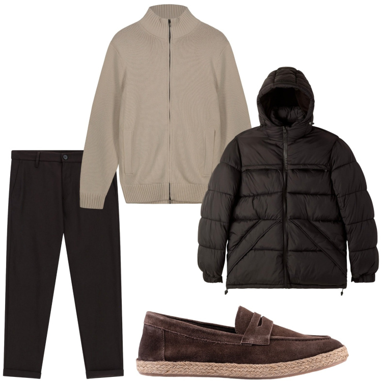 Outfit uomo - Essenziale. Stile Casual per Ufficio. Abbinamento con bomber, pantaloni, espadrillas, cardigans.