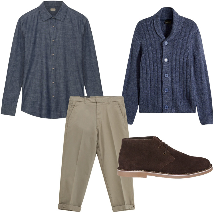 Outfit uomo - Contemporaneità. Stile Trendy per Ufficio. Abbinamento con cardigans, pantaloni chino, stivali e stivaletti, camicie.