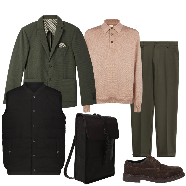 Outfit uomo - In treno al lavoro. Stile Business/Elegante per Ufficio. Abbinamento con giacche, pantaloni chino, borse sportive, scarpe stringate, polo, piumini.