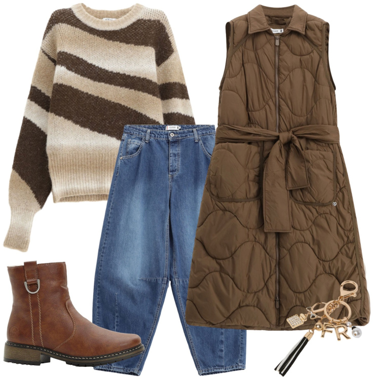 Outfit donna - Ottobre. Stile Urban per Tutti i giorni. Abbinamento con stivaletti, jeans, pullovers, blazer, portachiavi.