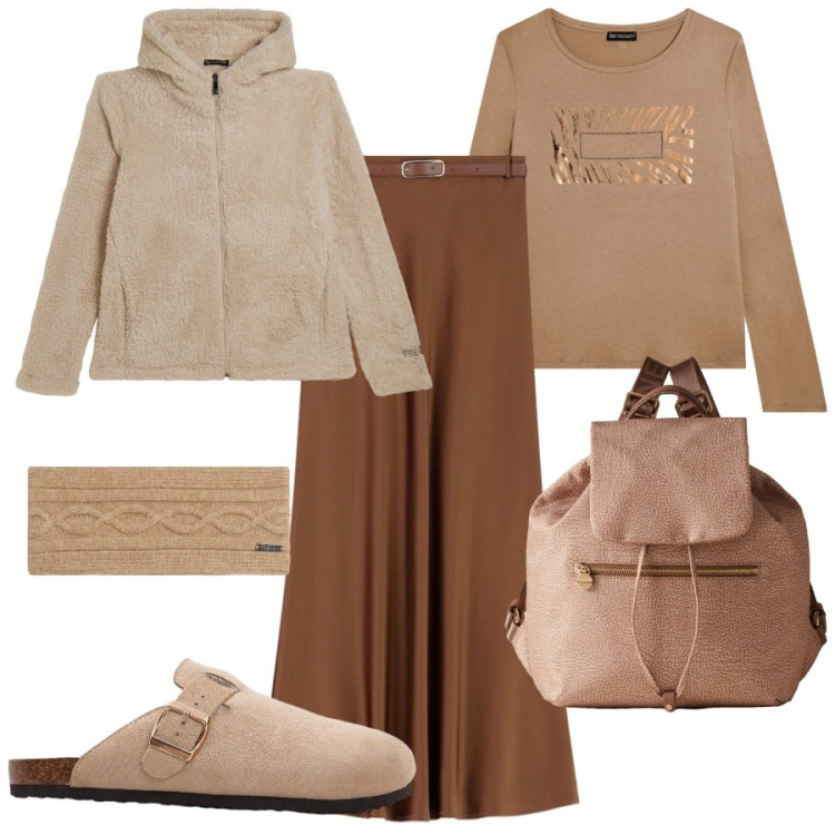 Outfit donna - Color cappuccino chic. Stile Chic per Tutti i giorni. Abbinamento con pantofole, gonne lunghe, accessori per capelli, felpe con cappuccio, t-shirt, zaini.