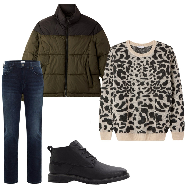 Outfit uomo - Maglione animalier. Stile Trendy per Tutti i giorni. Abbinamento con jeans slim fit, stivali e stivaletti, bomber, maglieria.