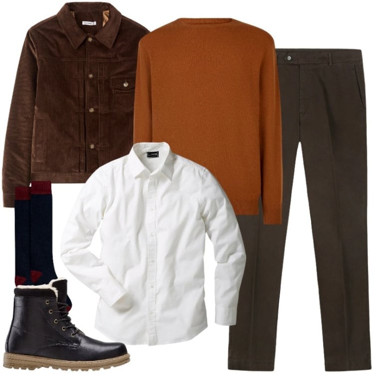 Outfit uomo - Shacket velluto a coste Marrone. Stile Casual per Ufficio. Abbinamento con camicie, stivali e stivaletti, cappotti, maglieria, pantaloni chino, calzini.