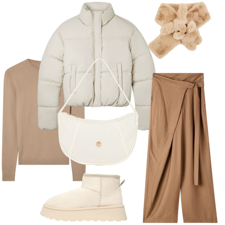 Outfit donna - Sfumature cammello. Stile Minimal per Tutti i giorni. Abbinamento con pantaloni, sciarpe, maglieria, stivaletti, bomber, borse a mano.