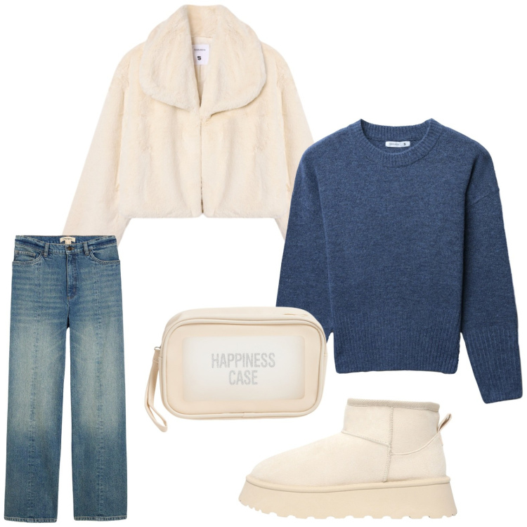 Outfit donna - La pelliccia avvolgente. Stile Casual per Tutti i giorni. Abbinamento con jeans dritti, maglieria, stivaletti, valigie, ecopellicce.