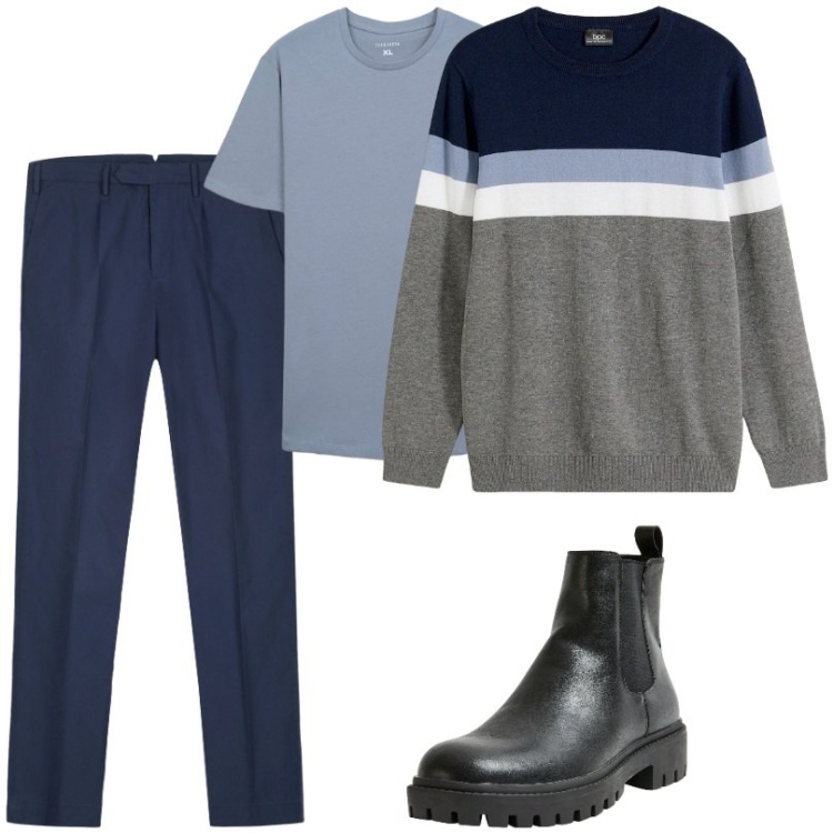 Outfit uomo - Total look #2274305. Stile Casual per Ufficio. Abbinamento con maglieria, stivali e stivaletti, t-shirt, pantaloni.
