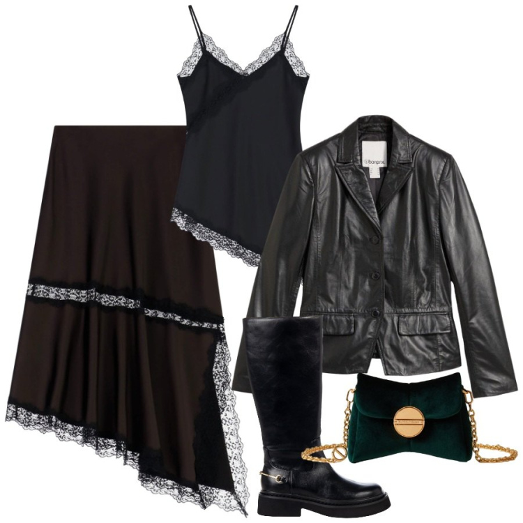 Outfit donna - Halloween. Stile Rock per Serata fuori. Abbinamento con blazer, stivali sopra il ginocchio, top, gonne lunghe, borse a tracolla.