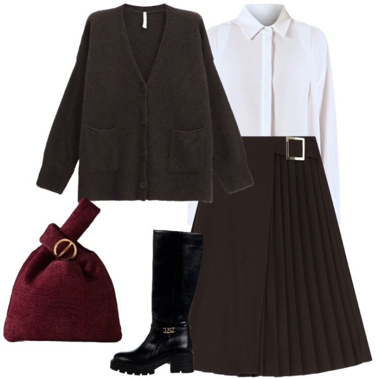 Outfit donna - Urban chic per l’autunno-inverno. Stile Urban per Tutti i giorni. Abbinamento con camicie, stivali sopra il ginocchio, gonne longuette, cardigans, borse a mano.