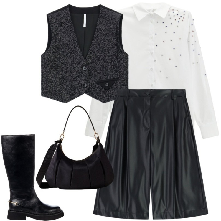 Outfit donna - Imperial. Stile Trendy per Serata fuori. Abbinamento con stivali sopra il ginocchio, shorts, camicie, gilet, borse a spalla.