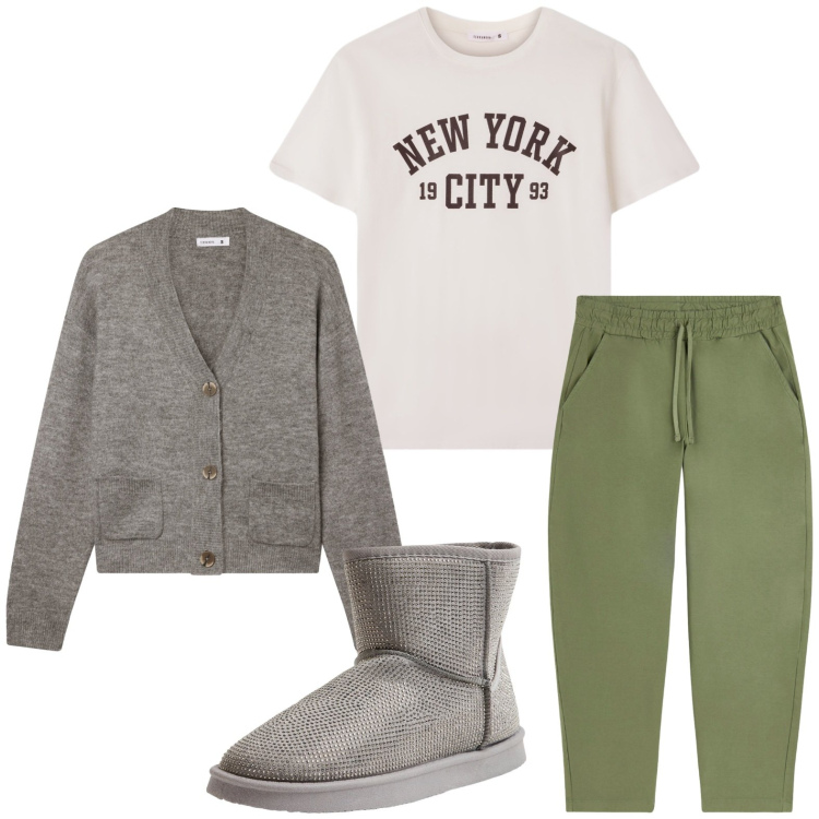 Outfit donna - Il cardigan autunnale. Stile Minimal per Tutti i giorni. Abbinamento con stivali, cardigans, t-shirt, pantaloni.