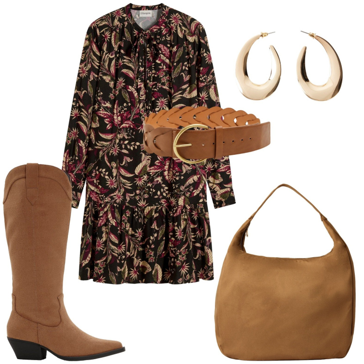 Outfit donna - Boho autunnale. Stile Boho per Scuola/Università. Abbinamento con vestiti midi/longuette, stivali, orecchini, cinture, borse a mano.