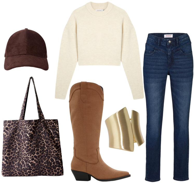 Outfit donna - Total look #2274317. Stile Urban per Tutti i giorni. Abbinamento con jeans skinny, stivali, shopping bag, cappelli con visiera, maglieria, anelli.