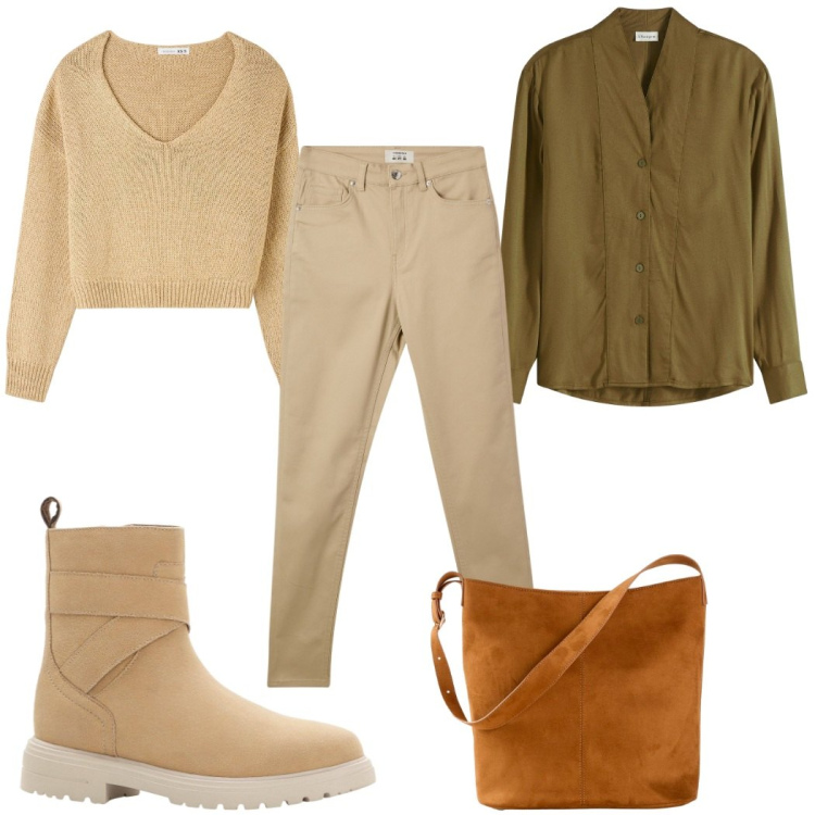 Outfit donna - Total look #2274318. Stile Trendy per Tutti i giorni. Abbinamento con stivaletti, borse a mano, camicie, maglieria, pantaloni skinny.