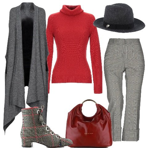 Outfit donna - Trendy #2039. Stile Trendy per Tutti i giorni. Abbinamento con pantalone a sigaretta fantasia con zip e gancetto, maglioncino lavorato a maglia collo a dolcevita a maniche lunghe tinta unita, mantella senza tasche melange lavorato a maglia scollatura profonda interno sfoderato tinta unita, cappello tinta unita, tronchetti principe di galles con zip verde e rosso, borsa a tracolla secchiello con zip interno foderato.