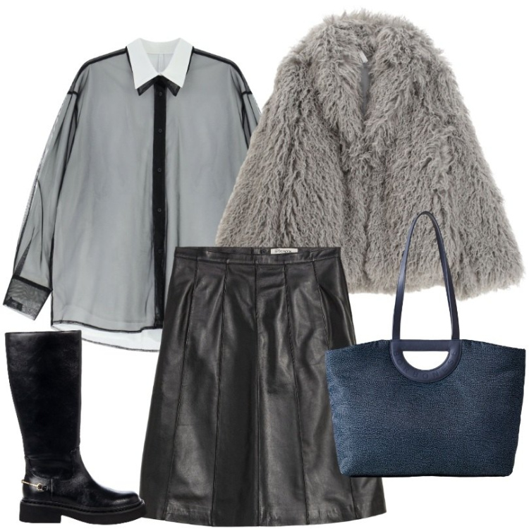 Outfit donna - Ecopelliccia grigio. Stile Trendy per Tutti i giorni. Abbinamento con gonne, stivali sopra il ginocchio, camicie, ecopellicce, shopping bag.