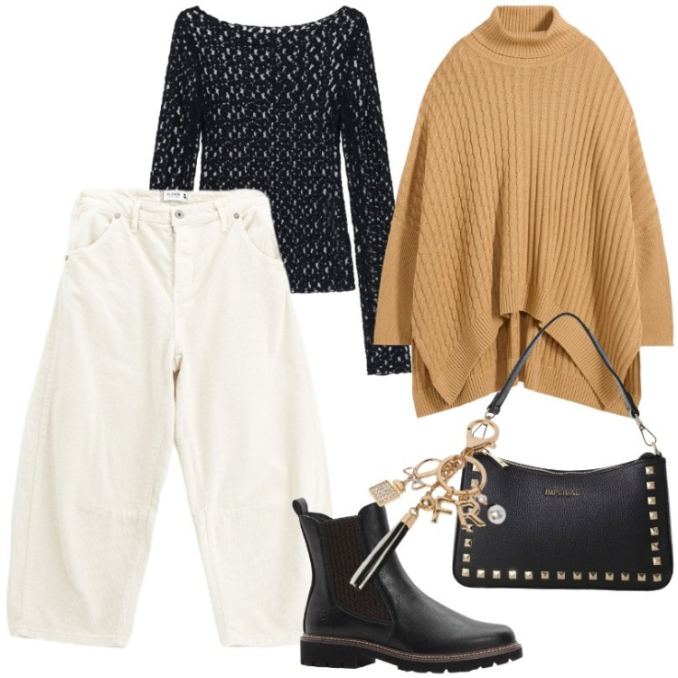 Outfit donna - Maglione oversize stile poncho. Stile Urban per Tutti i giorni. Abbinamento con maglieria, stivaletti chelsea, pantaloni, bluse, pochette, portachiavi.