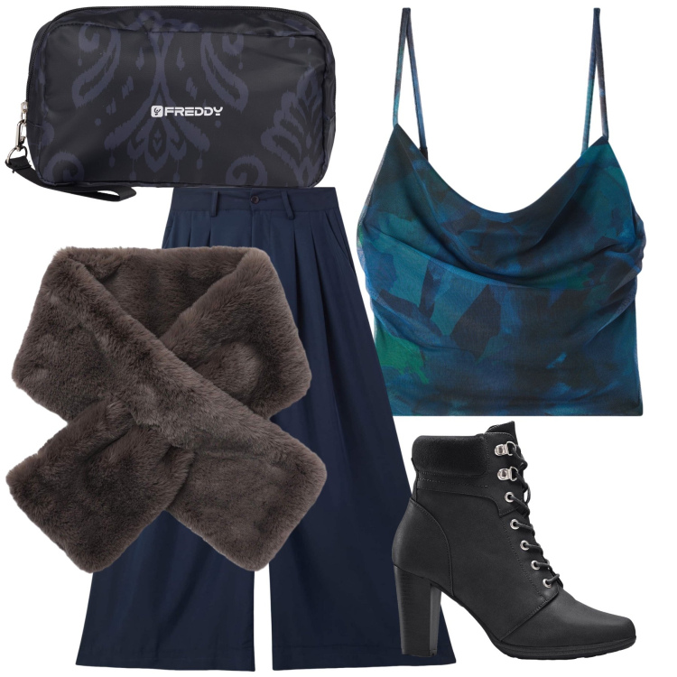 Outfit donna - Un poco zarina. Stile Glamour per Serata fuori. Abbinamento con stivaletti, pantaloni, canottiere, sciarpe, valigie.