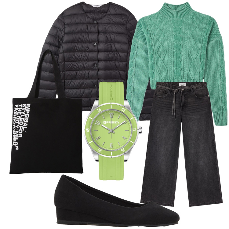 Outfit donna - E’ l ora del piumino. Stile Casual per Tutti i giorni. Abbinamento con décolleté, maglieria, piumini, jeans, shopping bag, orologi.
