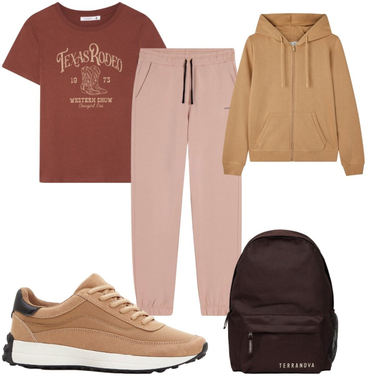 Outfit donna - Total look #2274330. Stile Basic per Sport. Abbinamento con sneakers, zaini, felpe con cappuccio, t-shirt, pantaloni.