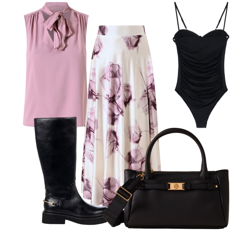 Outfit donna - Romanticismo con grinta. Stile Urban per Ufficio. Abbinamento con gonne lunghe, top, stivali sopra il ginocchio, body, borse a mano.