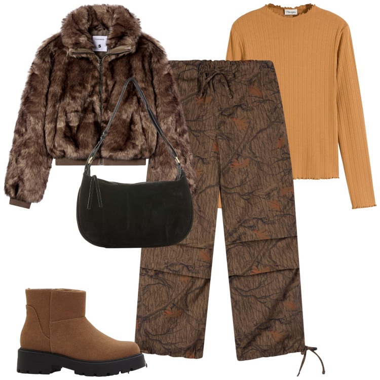 Outfit donna - Total look #2274338. Stile Casual per Tutti i giorni. Abbinamento con stivaletti, borse a mano, maglieria, pantaloni cargo, ecopellicce.