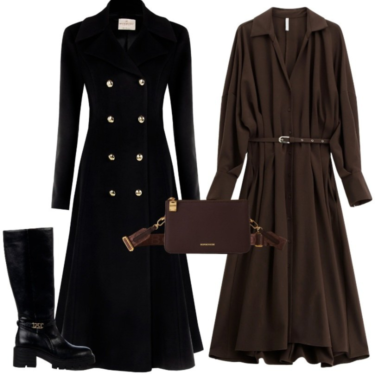 Outfit donna - Cappotto lungo nero. Stile Trendy per Serata fuori. Abbinamento con stivali sopra il ginocchio, cappotti, vestiti lunghi, borse a tracolla.