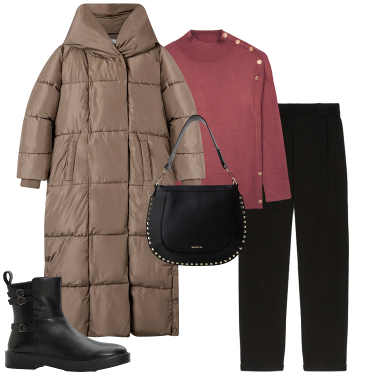 Outfit donna - City. Stile Urban per Tutti i giorni. Abbinamento con stivaletti, cappotti, borse a spalla, maglieria, pantaloni.