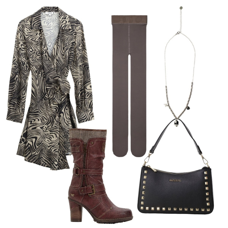 Outfit donna - Due novembre. Stile Trendy per Serata fuori. Abbinamento con stivali, collant, vestiti corti, pochette, ciondoli.