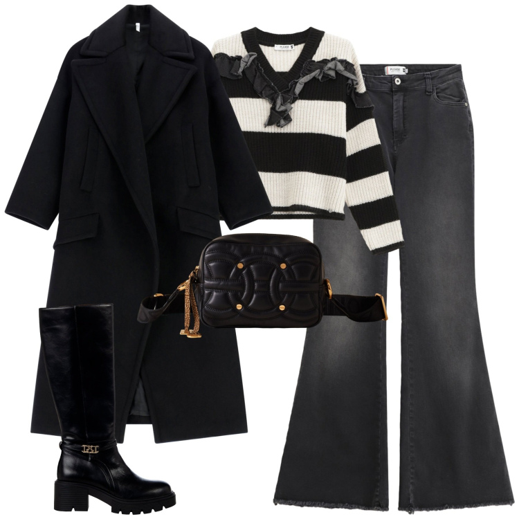 Outfit donna - City. Stile Casual chic per Tutti i giorni. Abbinamento con stivali sopra il ginocchio, jeans a zampa, maglieria, cappotti, borse a tracolla.